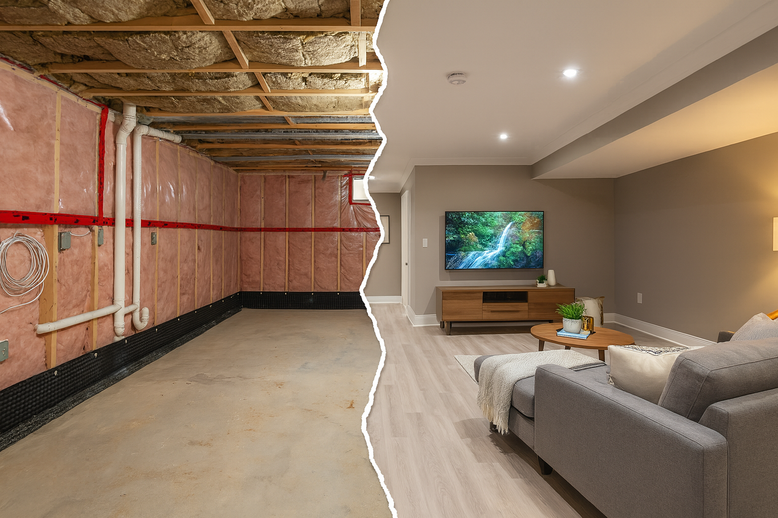 Before and after legal basement suite renovation in Toronto & GTA – unfinished basement transformed into a modern legal apartment