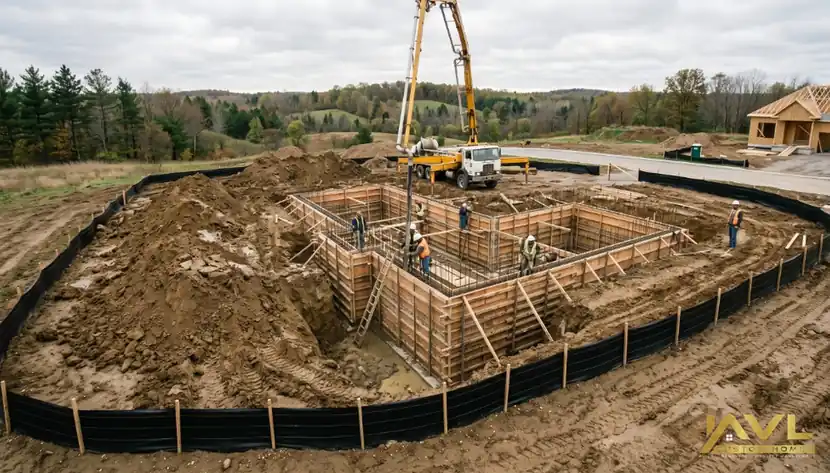 Lot grading and foundation pour on a King City subdivision custom home site
