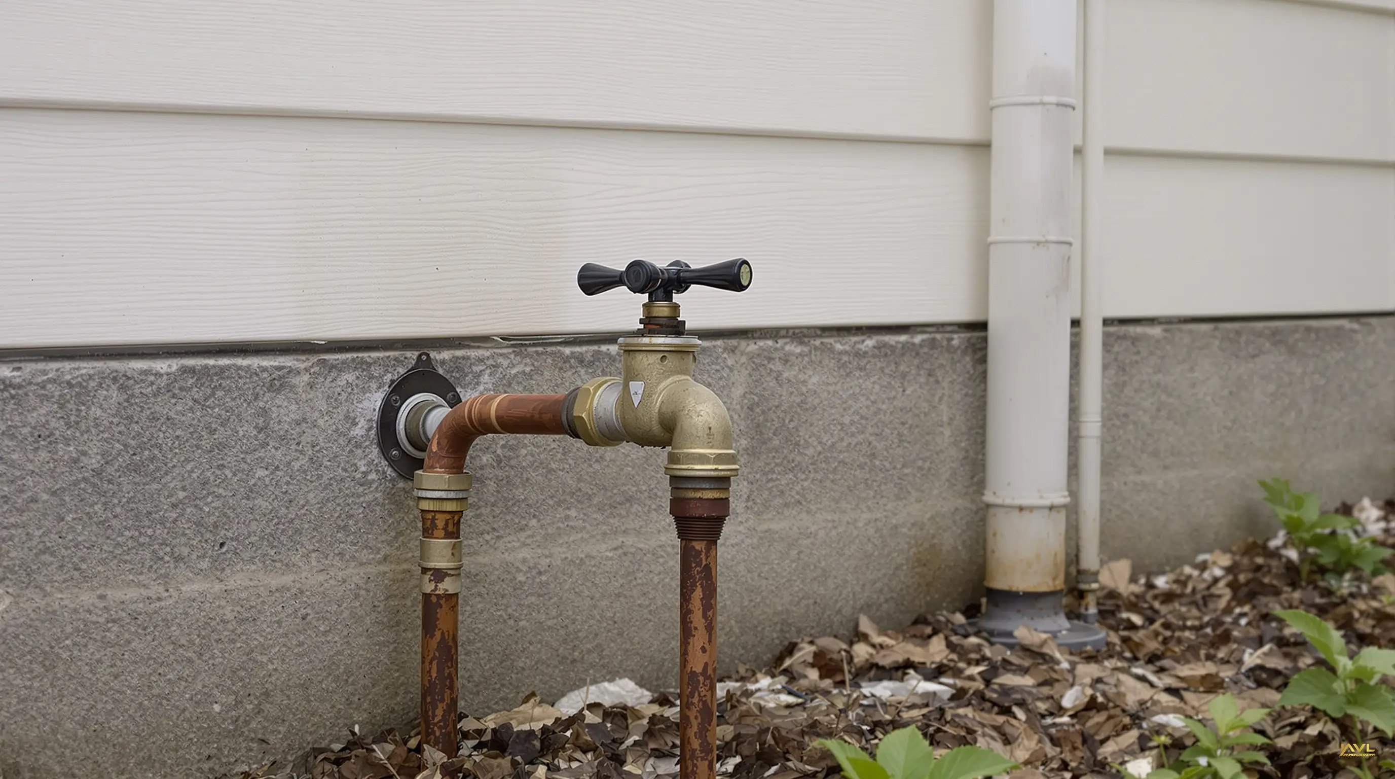 Close‑up three‑quarter angle of a hose bib and copper service line on the foundation of an older detached home, under overcast light, showing rust and concrete detail.