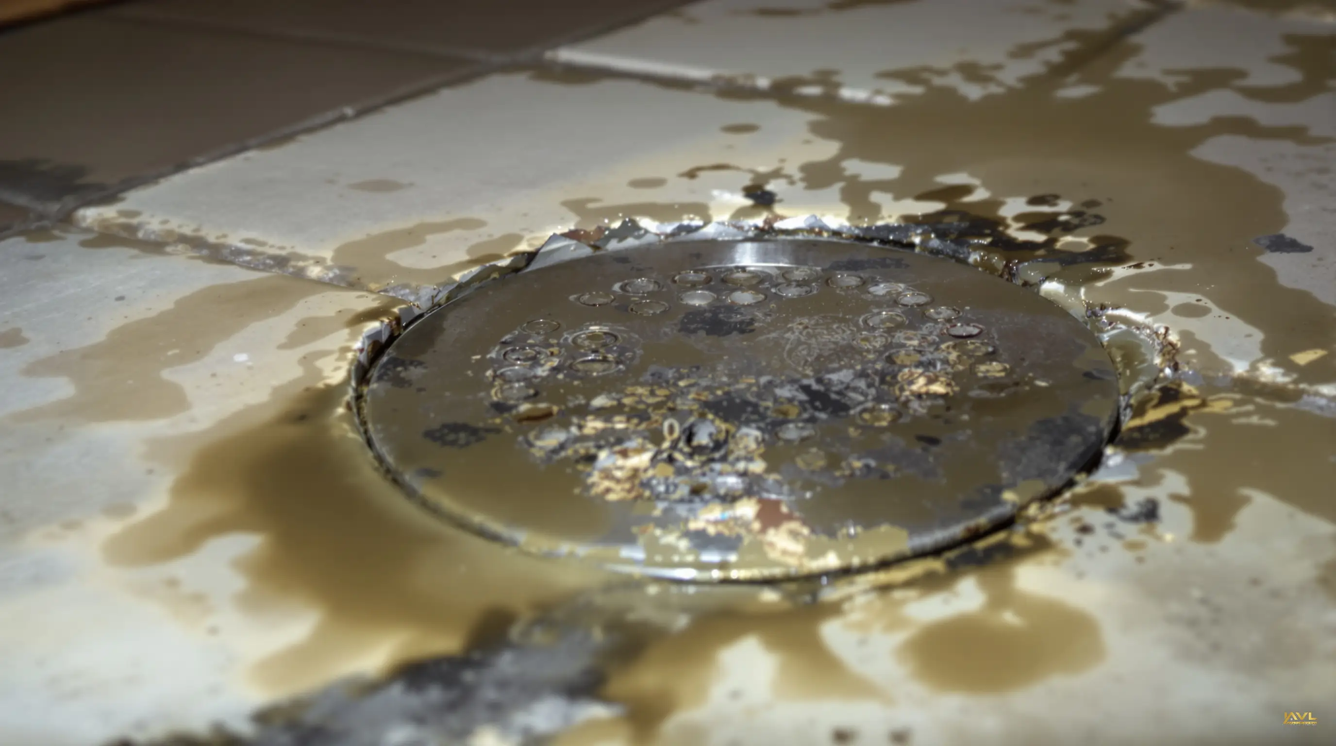 Macro shot of a stainless‑steel floor drain and sump pump inlet with rust rings and water‑stained concrete, illuminated by side‑raking light.