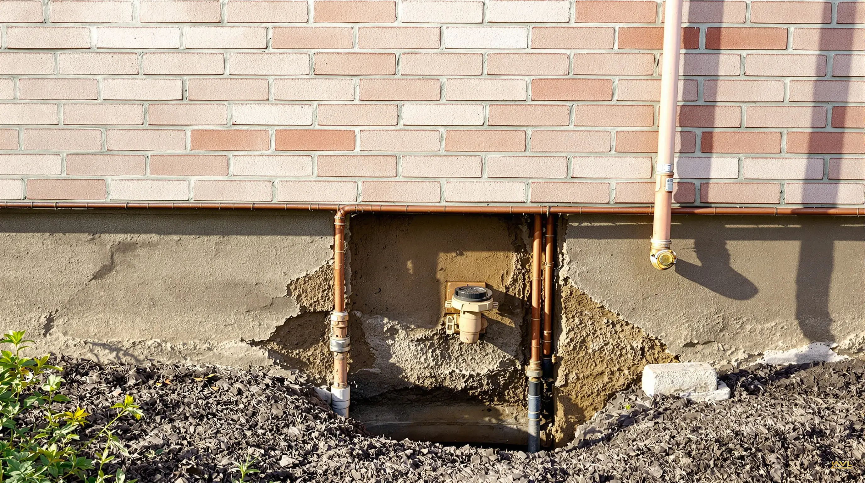 Exterior foundation of an older detached home showing a copper service line, hose bib, and floor drain with a sump pit, illuminated by soft late‑afternoon light and casting a shadow on the brick wall.