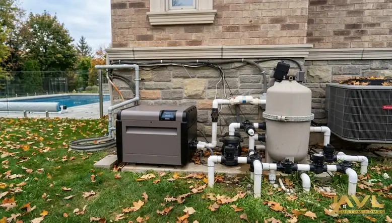 Outdoor pool equipment pad with heater, filter and PVC plumbing at a GTA home in autumn