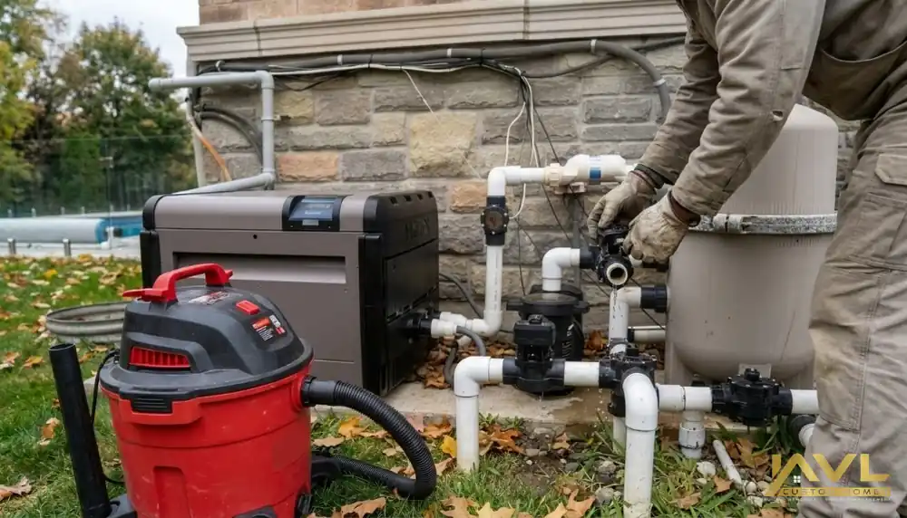 Technician winterizing pool plumbing with a shop vacuum at a GTA equipment pad