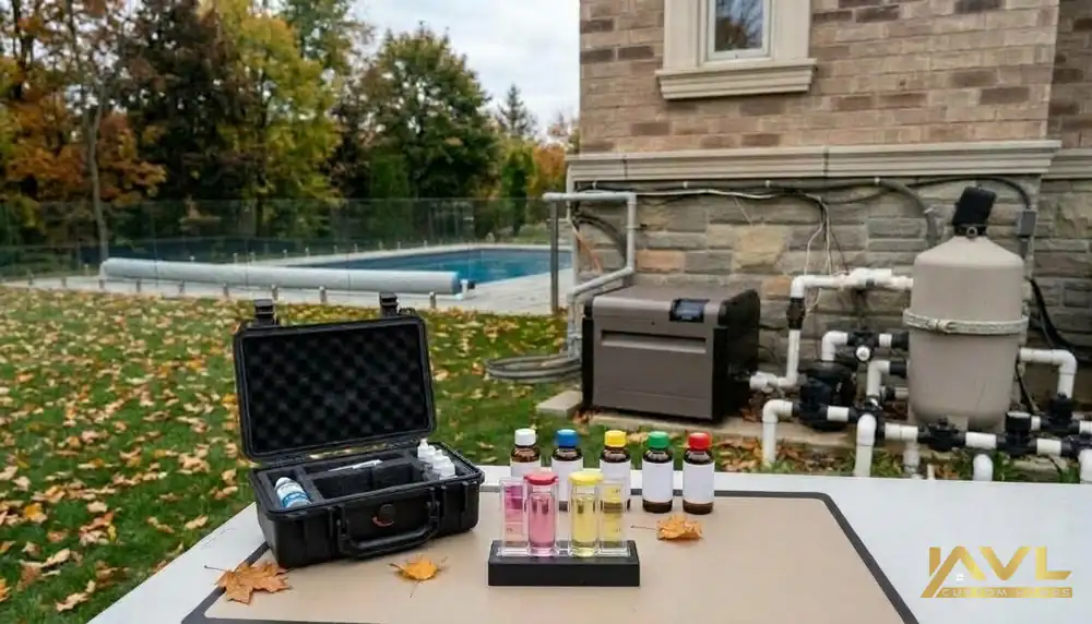 Pool water chemistry test kit with reagent bottles set up before winter closing in Toronto