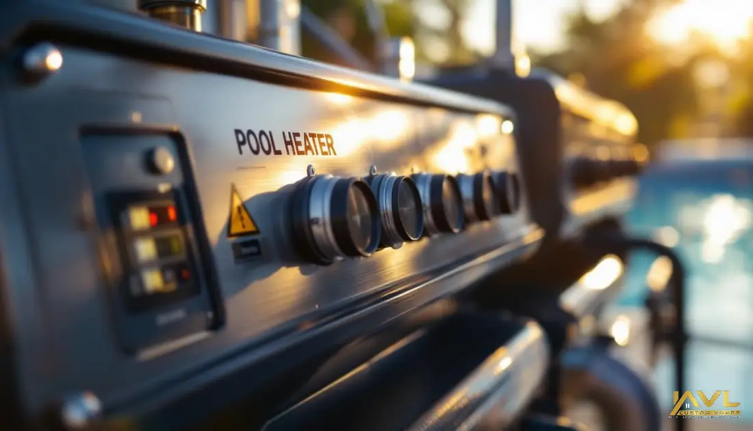 Pool heater control panel with dials and indicator lights, outdoor pool in background
