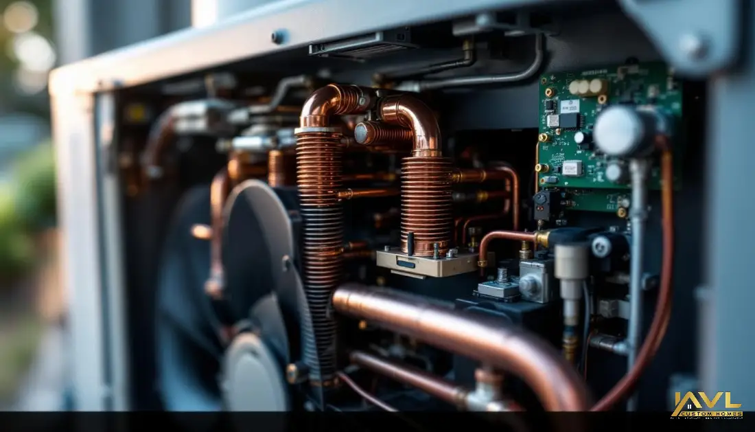 Internal view of pool heat pump: copper piping, heat exchange fins, and electronics