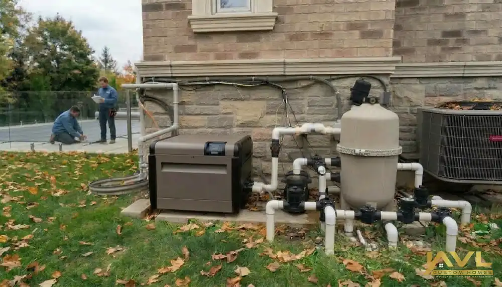 Technicians securing a winter safety cover beside the pool equipment pad at a GTA home