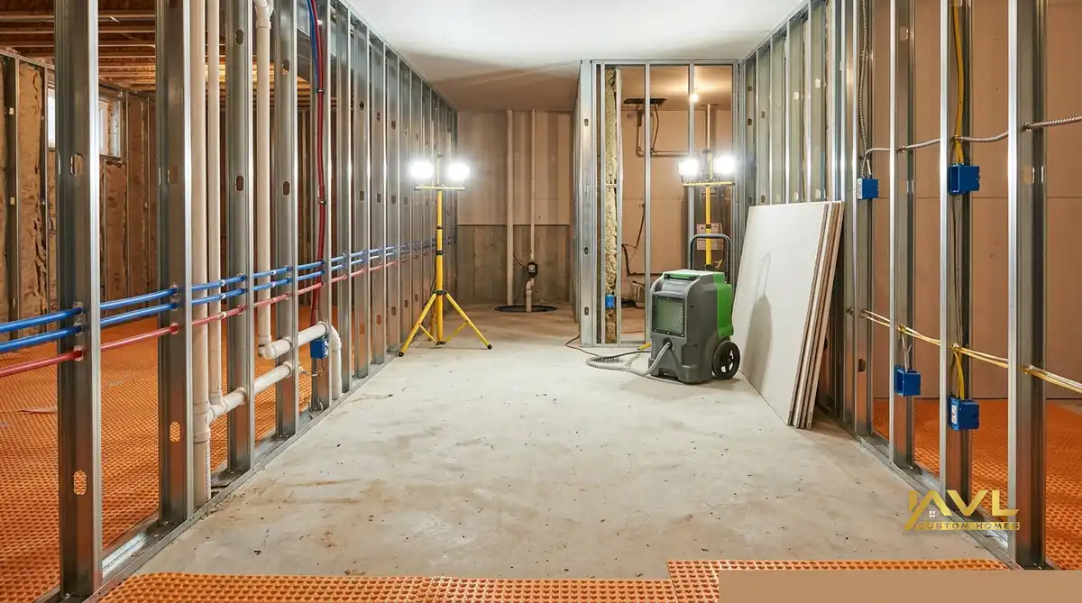 Basement flood reconstruction in the GTA — dehumidifier, plumbing rough-in, and metal stud framing after water loss