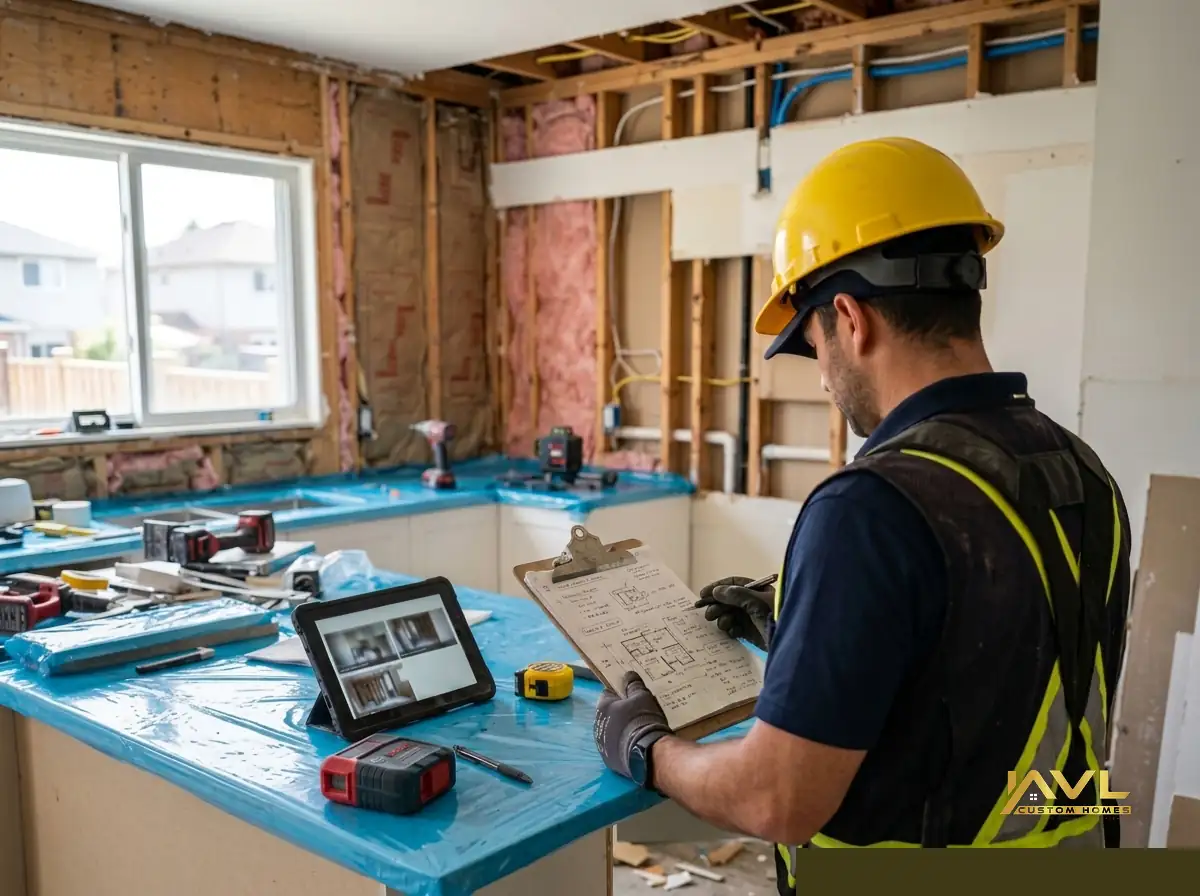 Property damage scope documentation on a GTA reconstruction site — builder reviewing plans during kitchen rebuild after loss