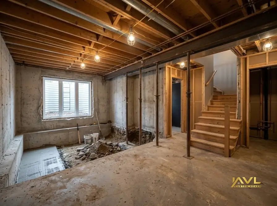 Basement underpinning excavation with temporary shoring under a Toronto detached home foundation