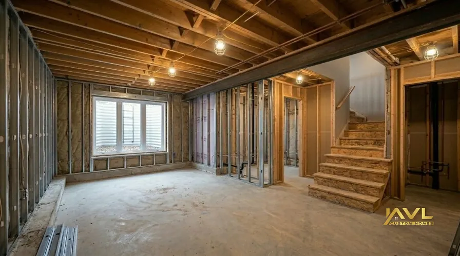 Basement mechanical rough-in with steel studs, insulation, HVAC ducts, and plumbing before drywall in Toronto