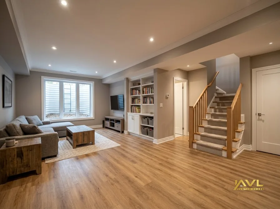 Finished basement living room in a Toronto detached home with LVP flooring and egress daylight