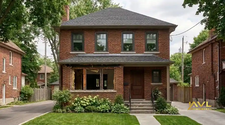 Exposed masonry lintel and rough opening during window replacement on a Toronto brick detached home