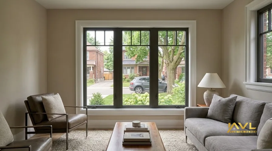 Interior view of triple-pane window with clean casing in a Toronto detached home living room