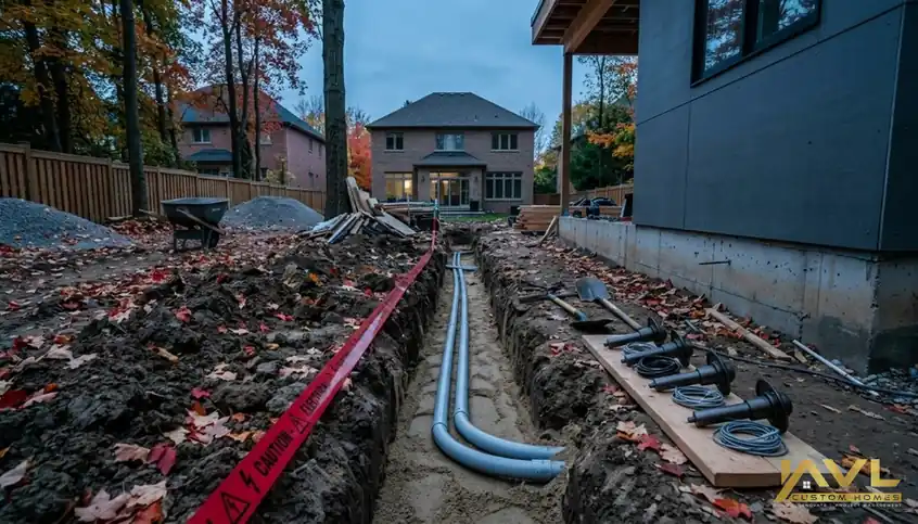 Utility trench and exterior pathway lighting prep for a Vaughan garden suite before winter freeze