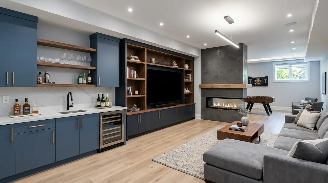 Finished basement recreation and family room with wet bar, lounge seating, and games area.
