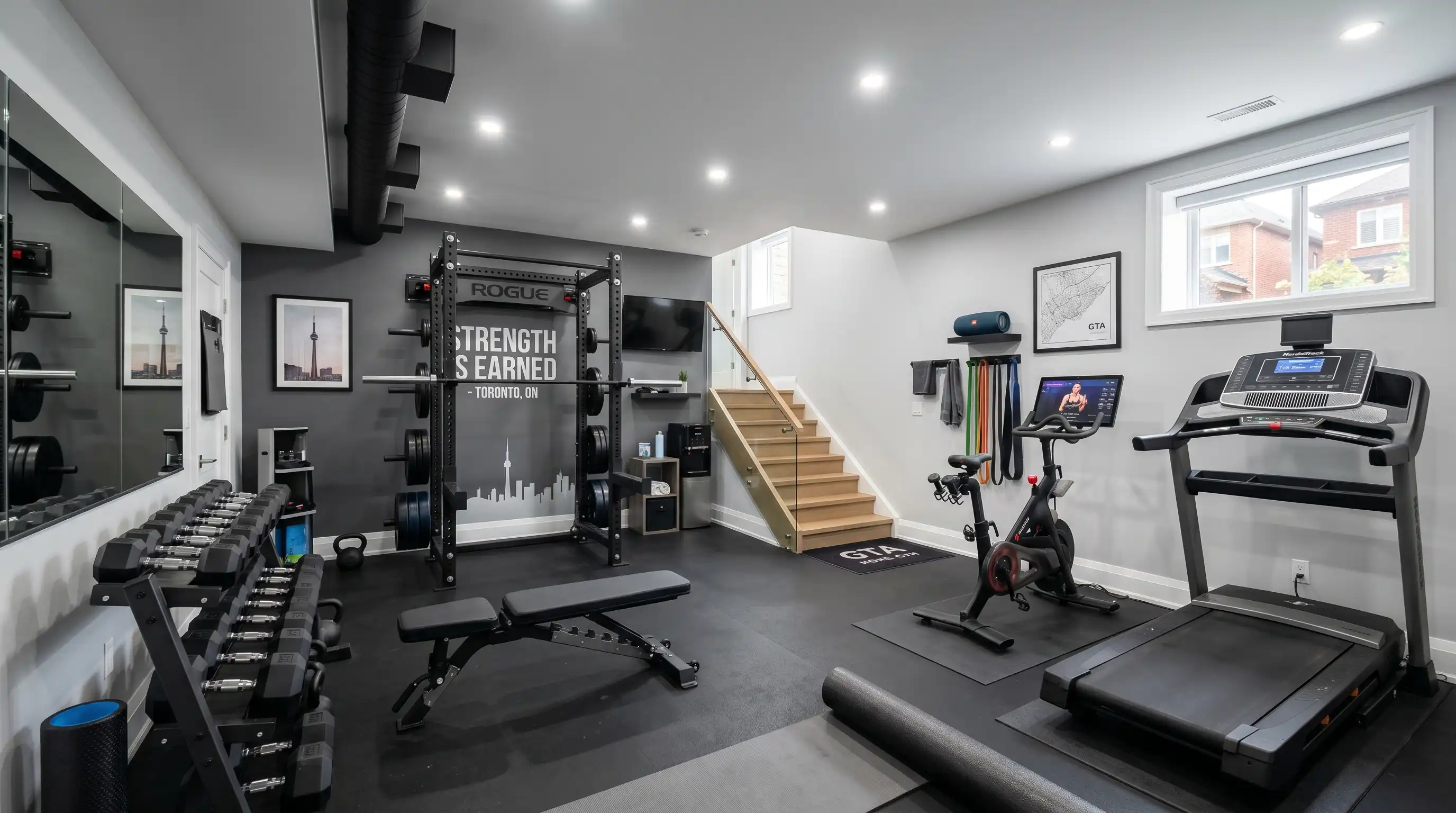Basement home gym renovation with durable flooring, mirrors, and training layout.