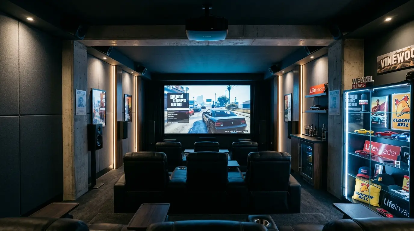 Basement home theater design with integrated media wall, seating, and controlled lighting.