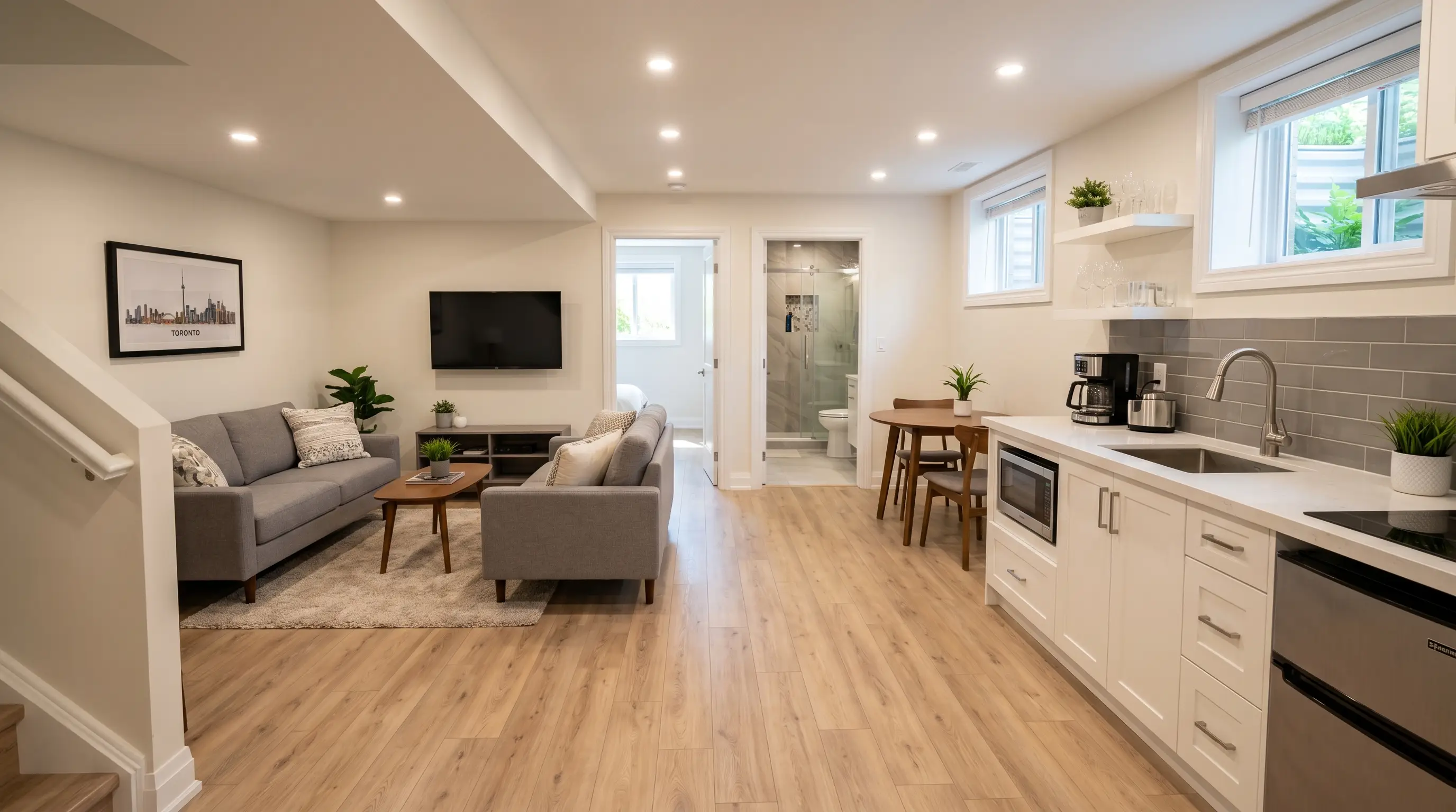 Legal basement rental suite renovation with kitchen, life-safety separation, and compliance-ready layout.