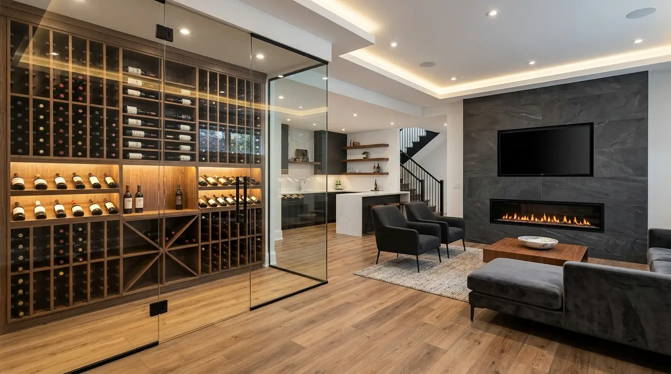 Finished basement renovation in the GTA with open layout, lighting, and high-end finishes.
