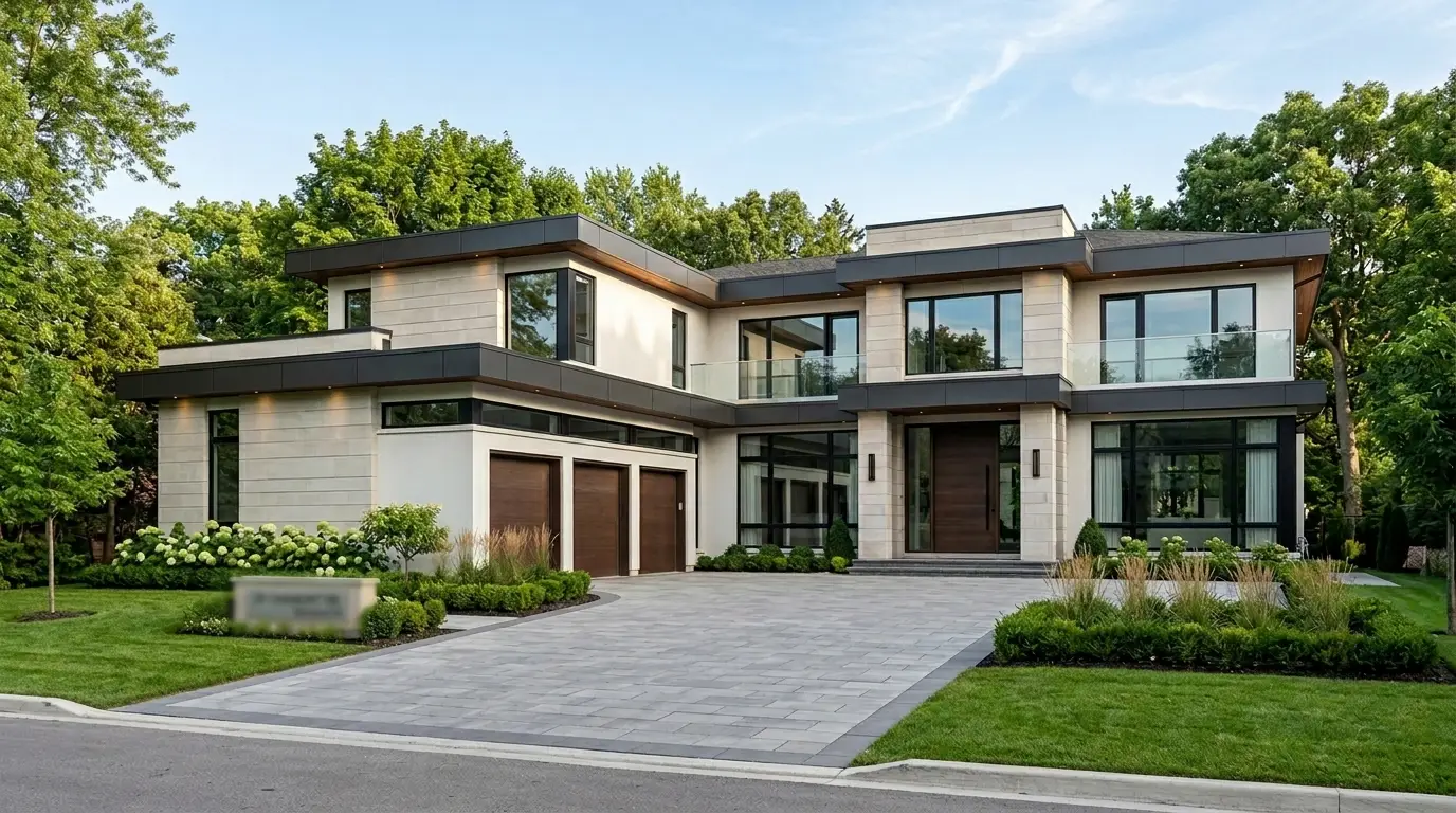 Luxury custom home exterior in Toronto featuring modern architecture and natural stone.