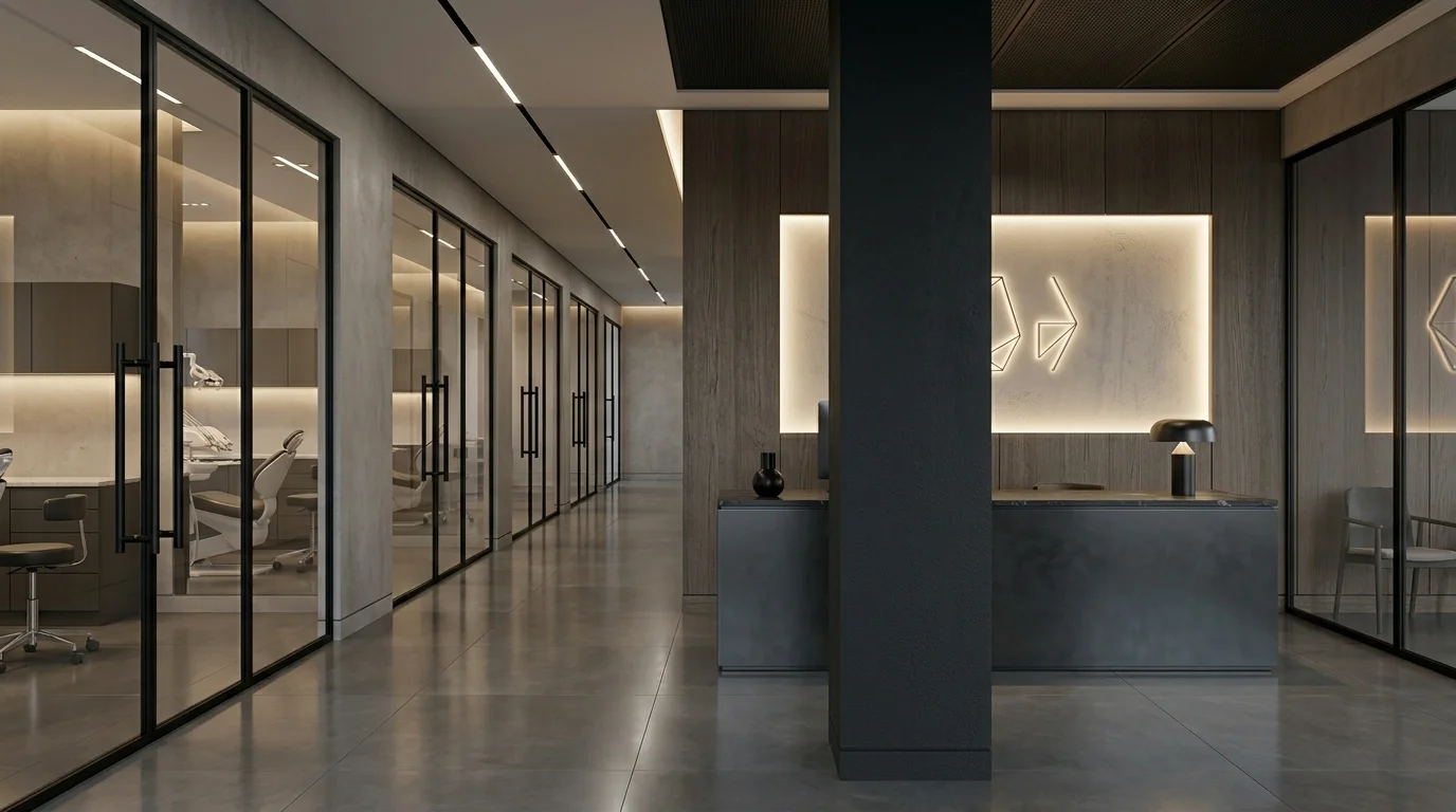 High-end commercial dental clinic renovation and custom medical build-out in Vaughan featuring architectural glass partitions.